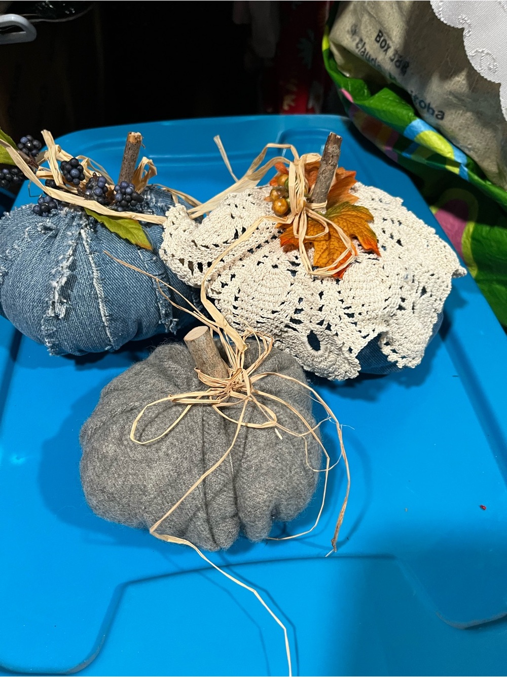 Handcrafted Gray and Denim Fabric Pumpkin Fall Decor with Crochet Accent